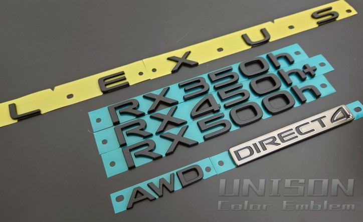 レクサスRX(10系)用マットブラック(ツヤ消し黒)エンブレム UNISON-純正エンブレム改